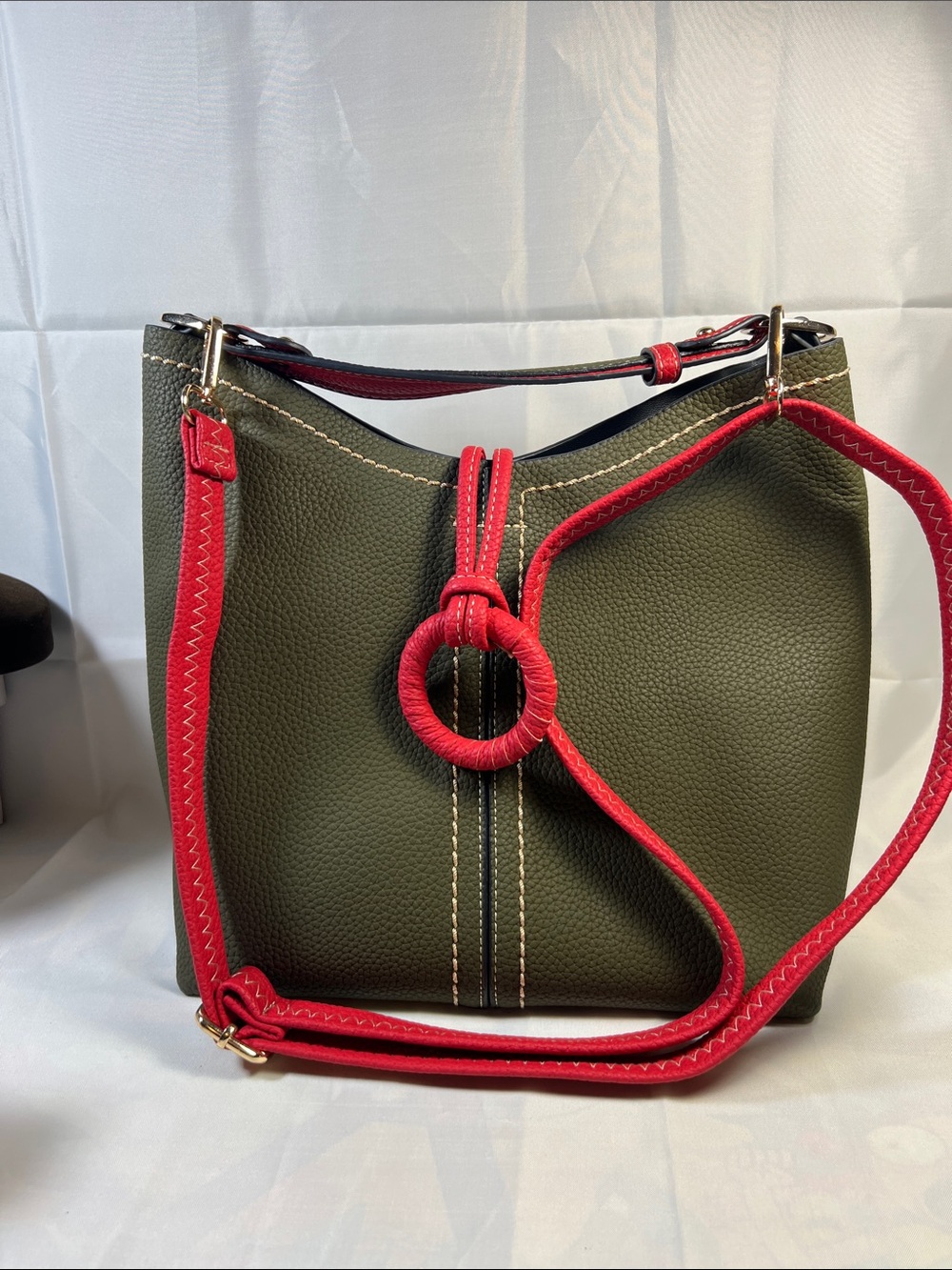 Olive Green and Red Contrast Shoulder Bag